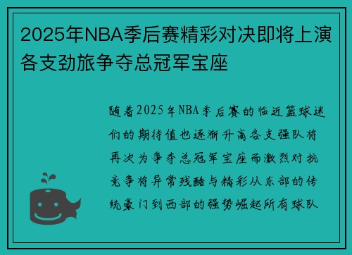 2025年NBA季后赛精彩对决即将上演 各支劲旅争夺总冠军宝座