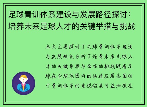 足球青训体系建设与发展路径探讨：培养未来足球人才的关键举措与挑战