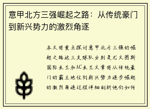 意甲北方三强崛起之路：从传统豪门到新兴势力的激烈角逐