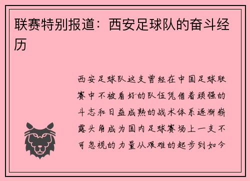 联赛特别报道：西安足球队的奋斗经历