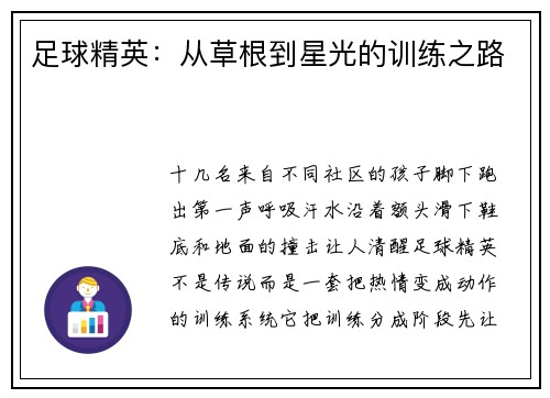 足球精英：从草根到星光的训练之路