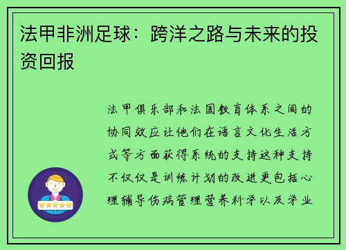 法甲非洲足球：跨洋之路与未来的投资回报